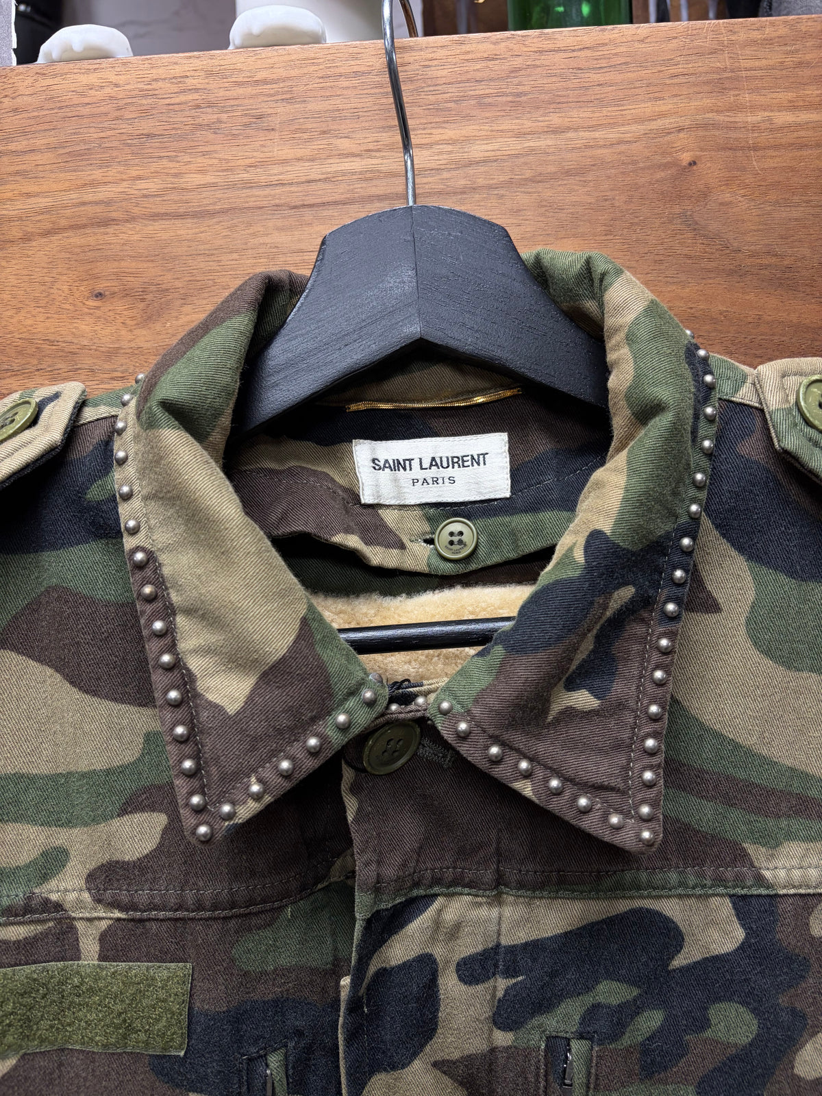 2019 Saint Laurent Studded Military Camo Jacket with Shearling Liner