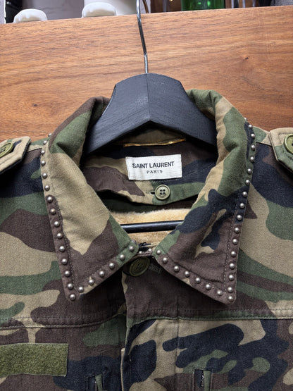 2019 Saint Laurent Studded Military Camo Jacket with Shearling Liner
