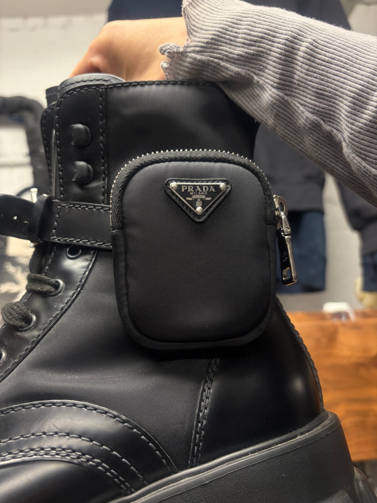 Prada ‘Monolith’ Brushed Black Leather Re-Nylon Combat Boots