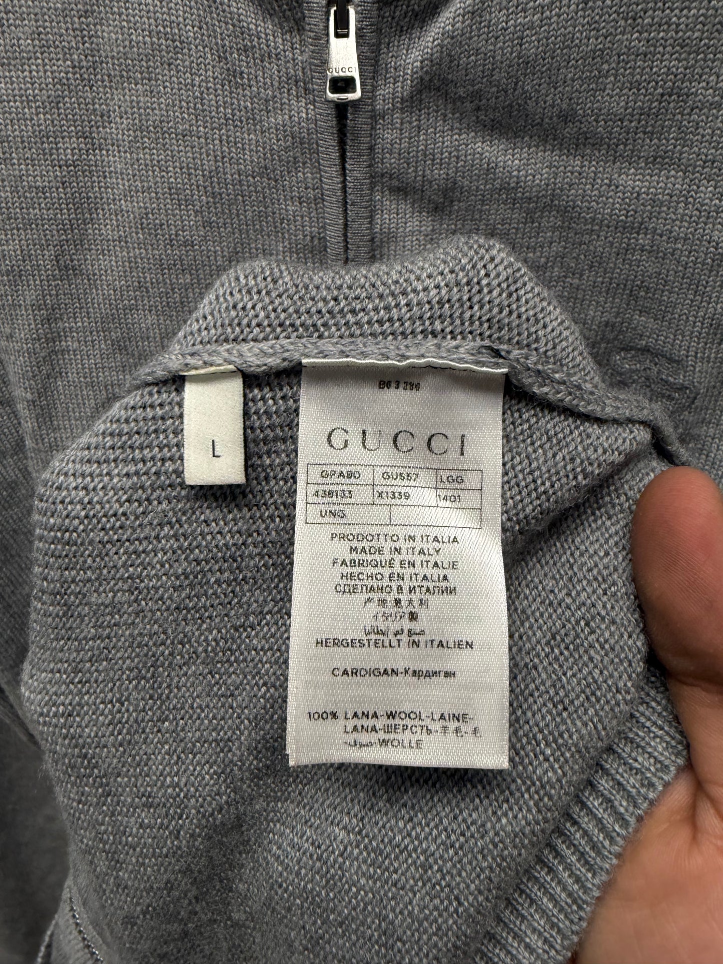 Gucci Embroidered ‘Crest Logo’ Knit Zip-Up Grey Wool Bomber Jacket