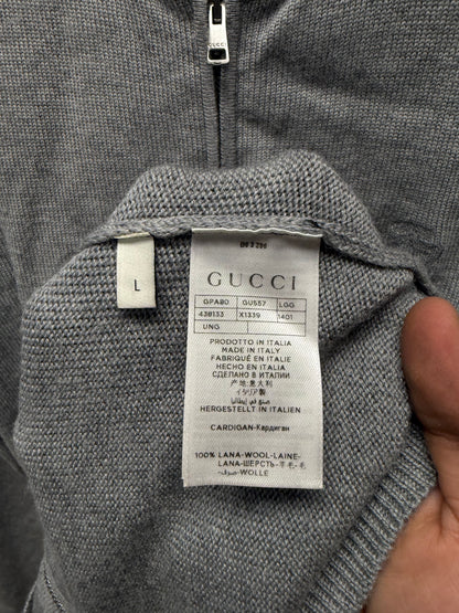 Gucci Embroidered ‘Crest Logo’ Knit Zip-Up Grey Wool Bomber Jacket
