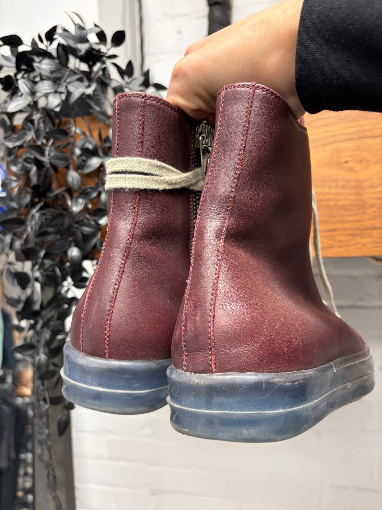 Rick Owens Oxblood Leather/Translucent Sole ‘Ramones’ High Top Sneakers