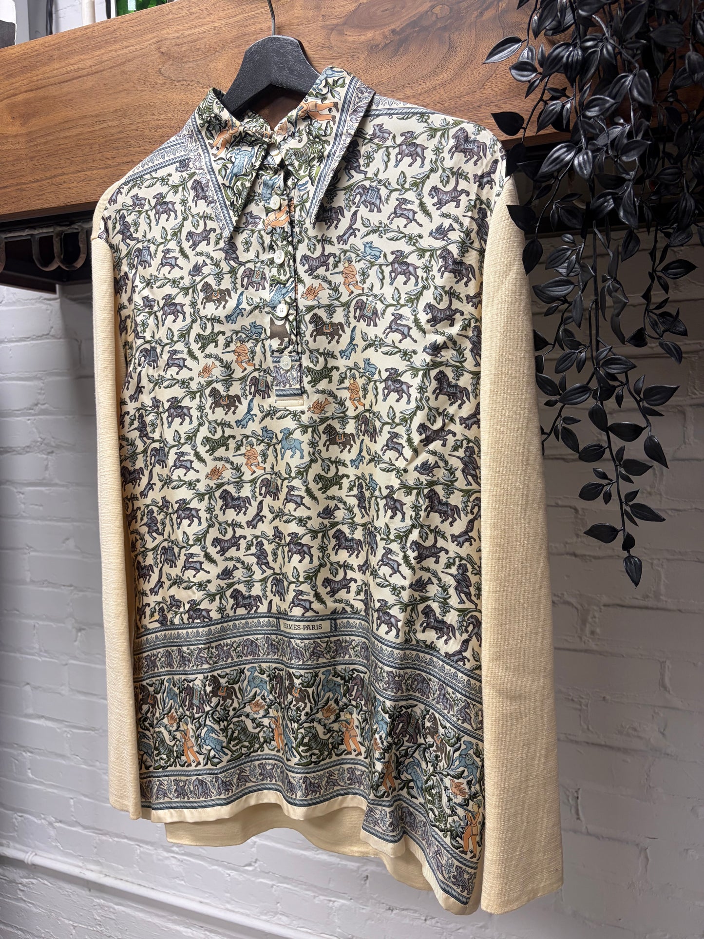 Vintage Hermes by Martin Margiela ‘"Chasse en Inde" Silk/Wool Knit 1/4 Button Up Shirt