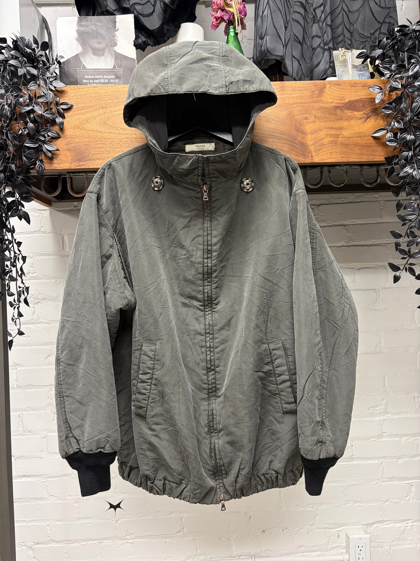 Vintage 2005 Prada Faded Grey Nylon Hooded Zip-Up Jacket