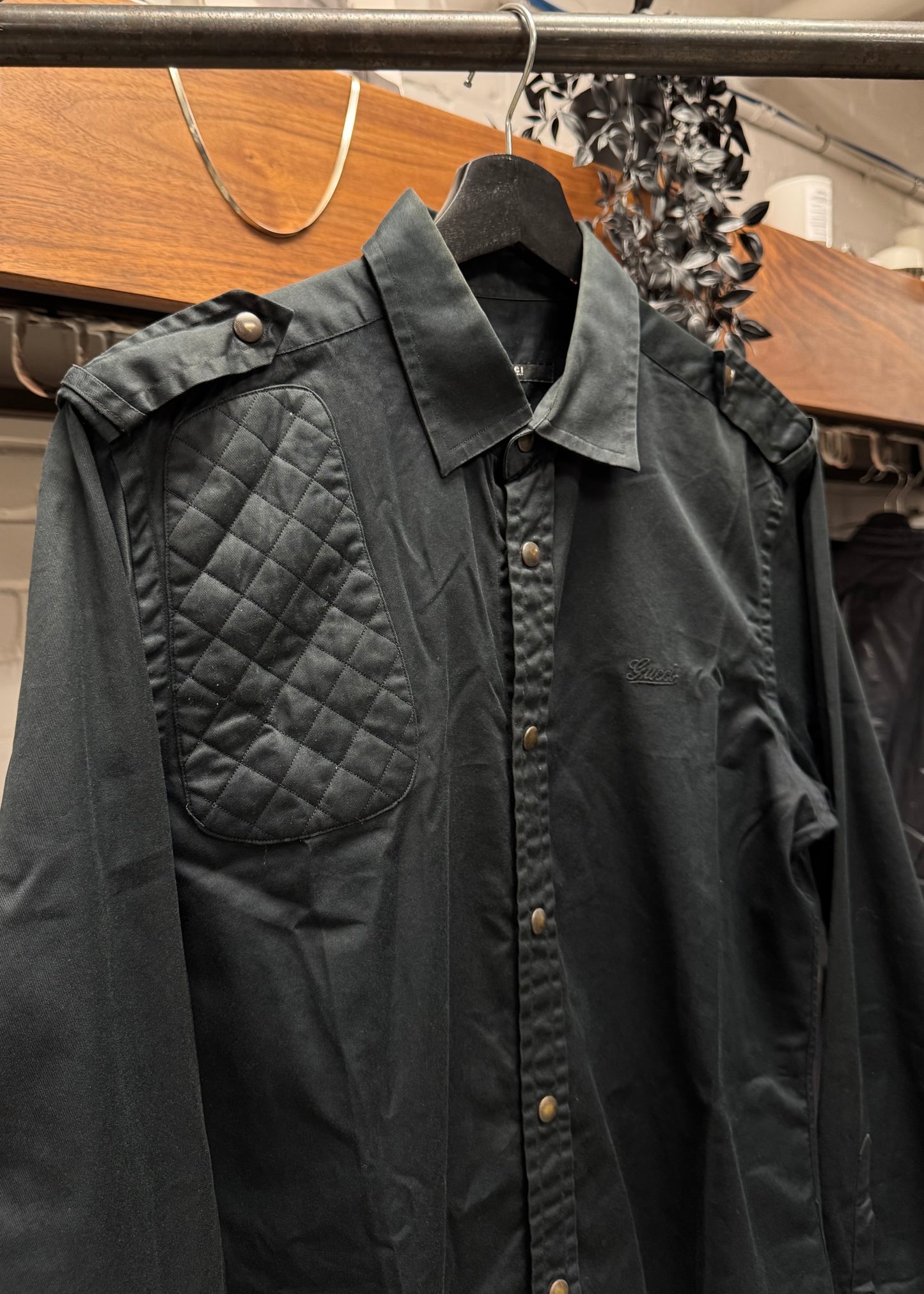 2000s Gucci Quilted Shoulder Detail Button Snap Black Military Shirt