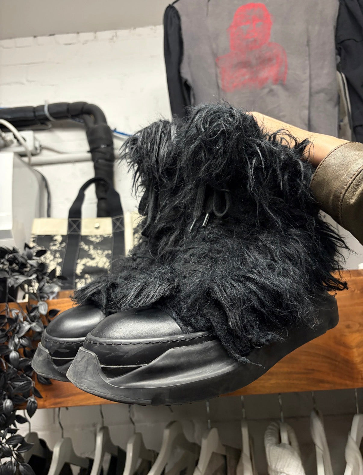 Rick Owens ‘Abstract’ Black Faux Fur Shag High Top Sneakers