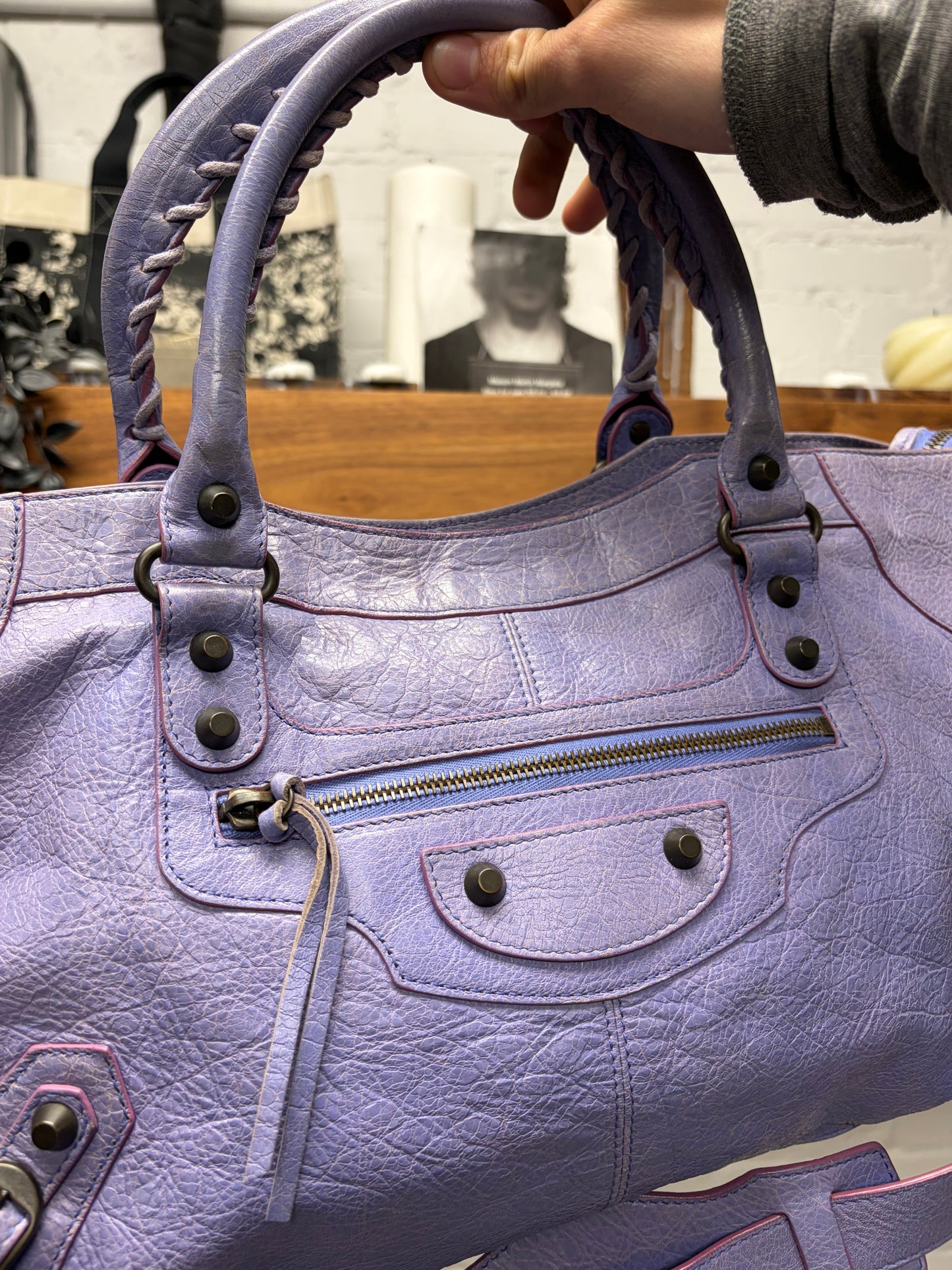 Balenciaga Lavender Purple Leather ‘City Bag’ with Crossbody Strap