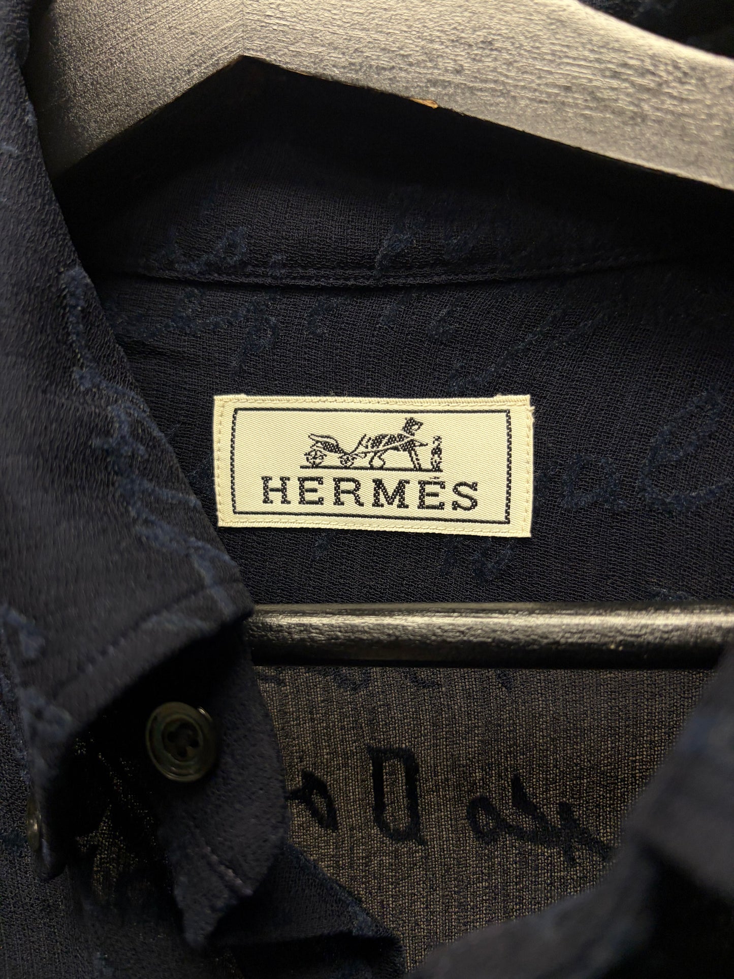 Hermes Silk ‘Cursive Scripture’ Embroidered Linen Button Down Shirt