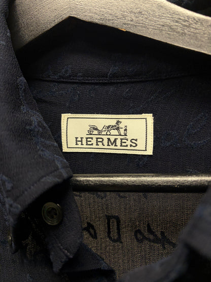 Hermes Silk ‘Cursive Scripture’ Embroidered Linen Button Down Shirt