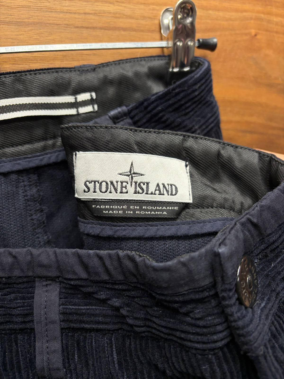 Stone Island Dark Blue Corduroy ‘Badge Pocket’ Straight Cut Cargo Pants