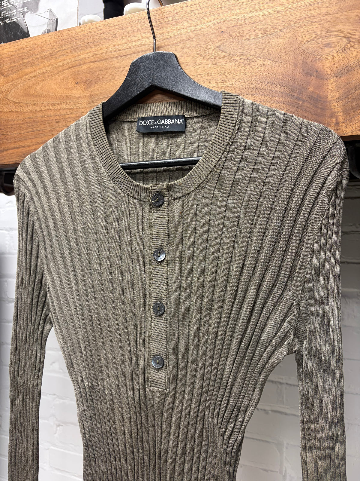 Dolce & Gabbana ‘Mainline’ Glossy Brown Ribbed Henley Slim Fit Sweater