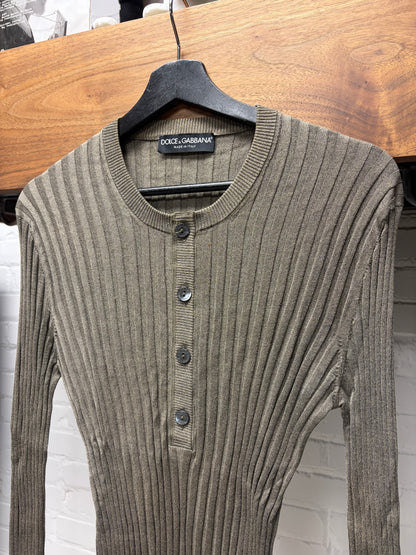 Dolce & Gabbana ‘Mainline’ Glossy Brown Ribbed Henley Slim Fit Sweater