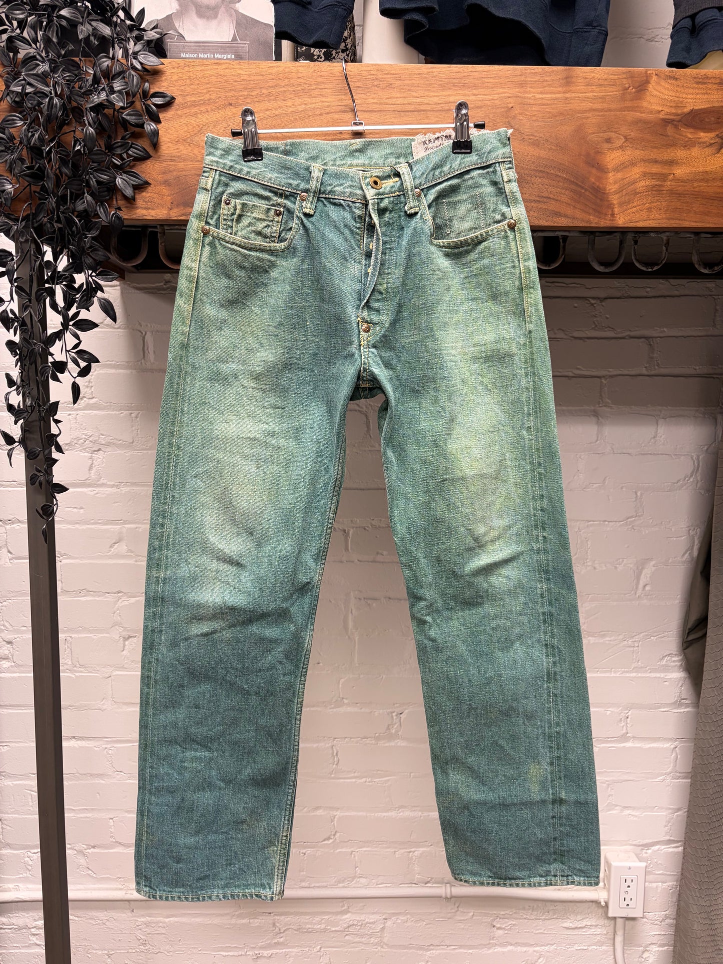 Kapital ‘Seafoam Green’ Buckle-Back Raw Bootcut Denim