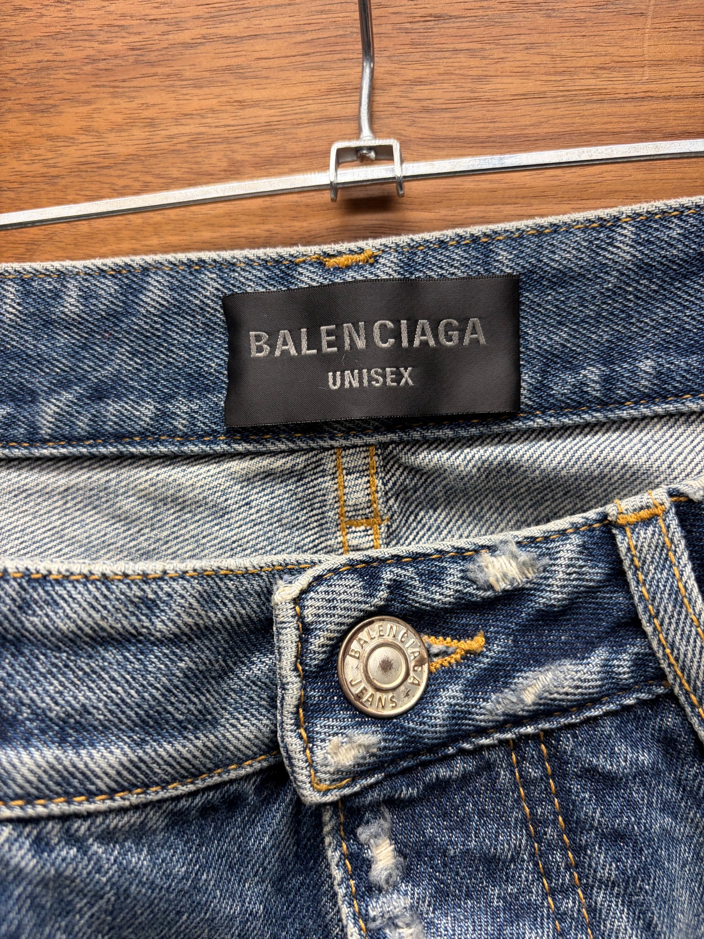 2023 Balenciaga ‘Heavily Distressed’ Washed Blue Bootcut Baggy Denim