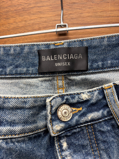 2023 Balenciaga ‘Heavily Distressed’ Washed Blue Bootcut Baggy Denim