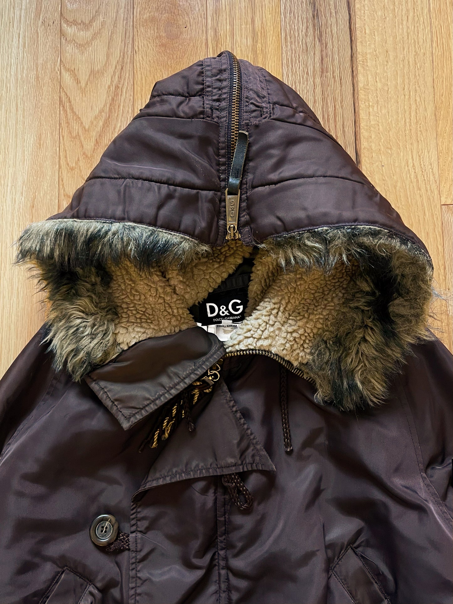 2000s Dolce & Gabbana Split Hood Fur Lined Brown Bomber Jacket