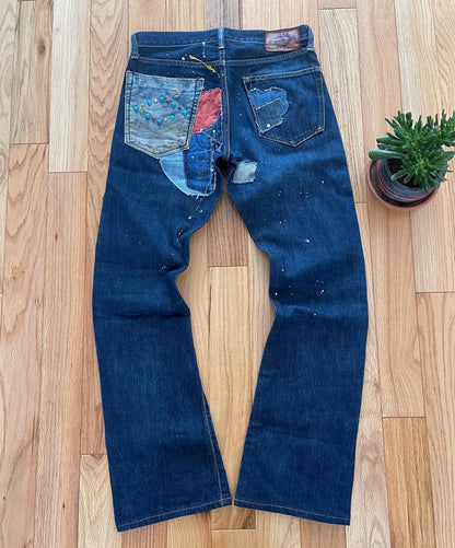 Kapital Gemstone Studded Flared Patchwork Denim