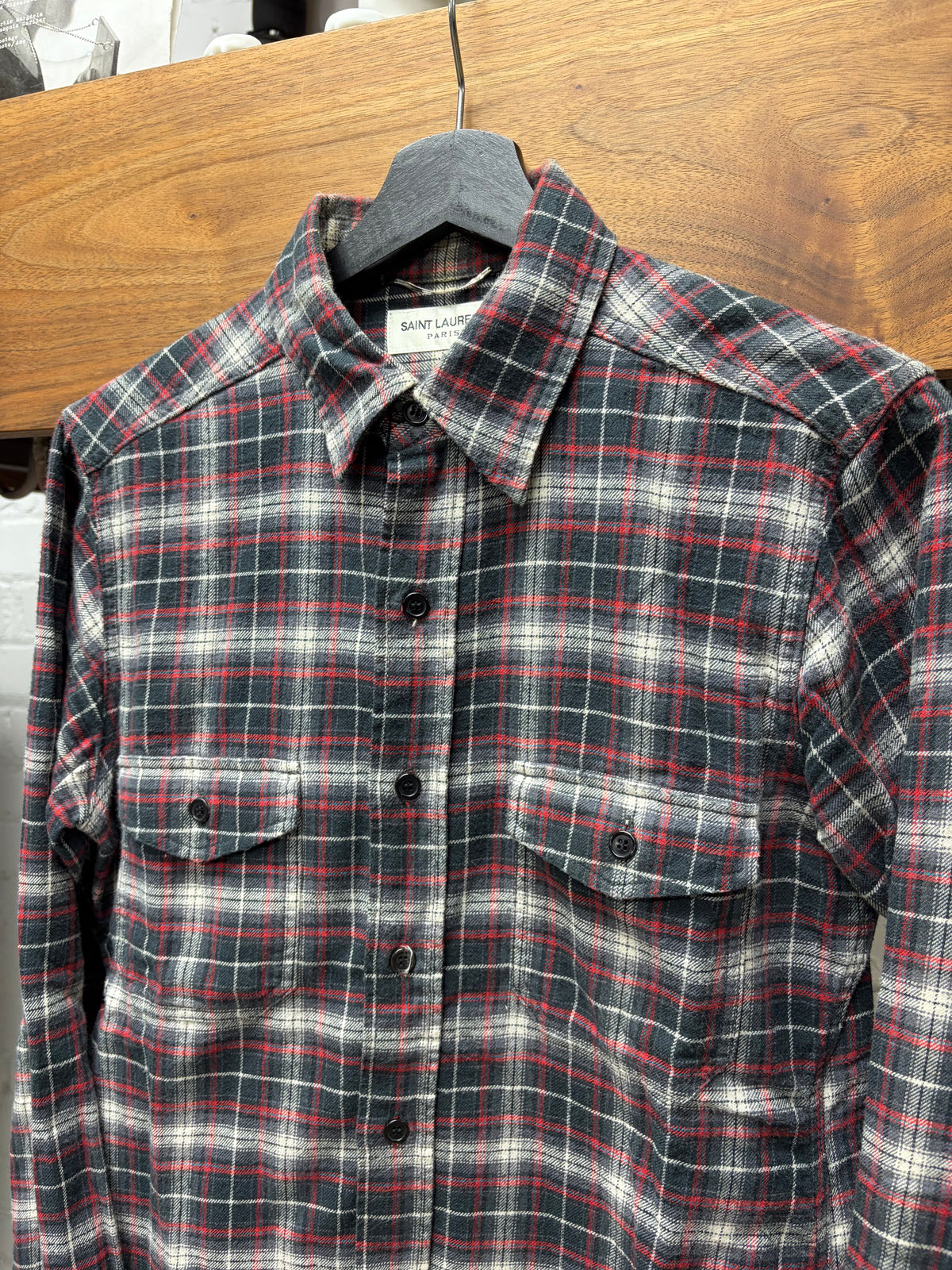 AW2015 Saint Laurent by Hedi Slimane Red/Grey Plaid Flannel Button Up Shirt