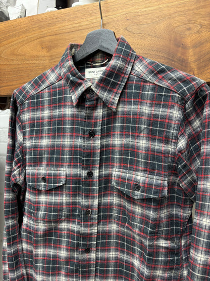 AW2015 Saint Laurent by Hedi Slimane Red/Grey Plaid Flannel Button Up Shirt