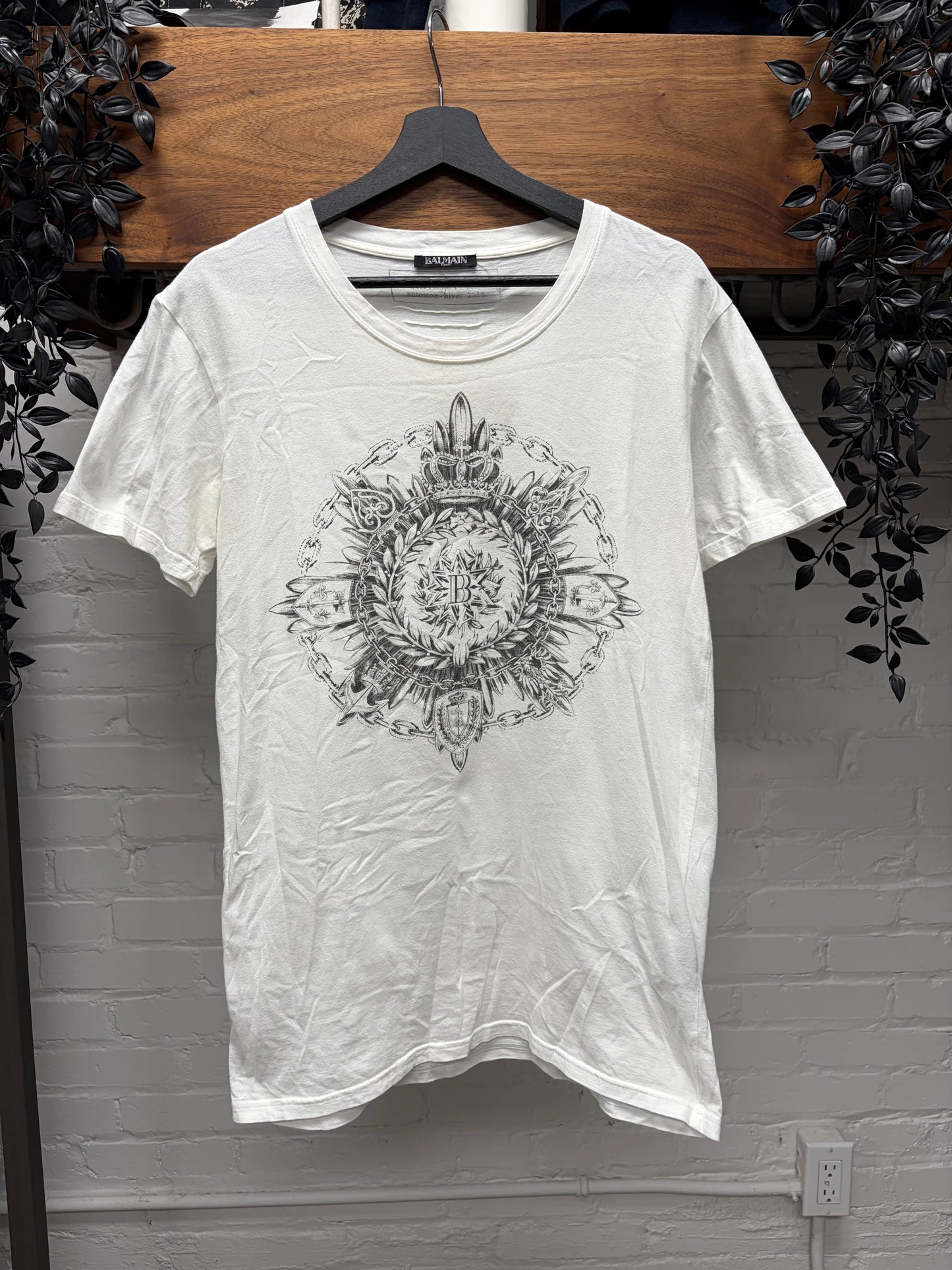 AW2016 Balmain ‘Crowned Crest Logo’ White Graphic T-Shirt