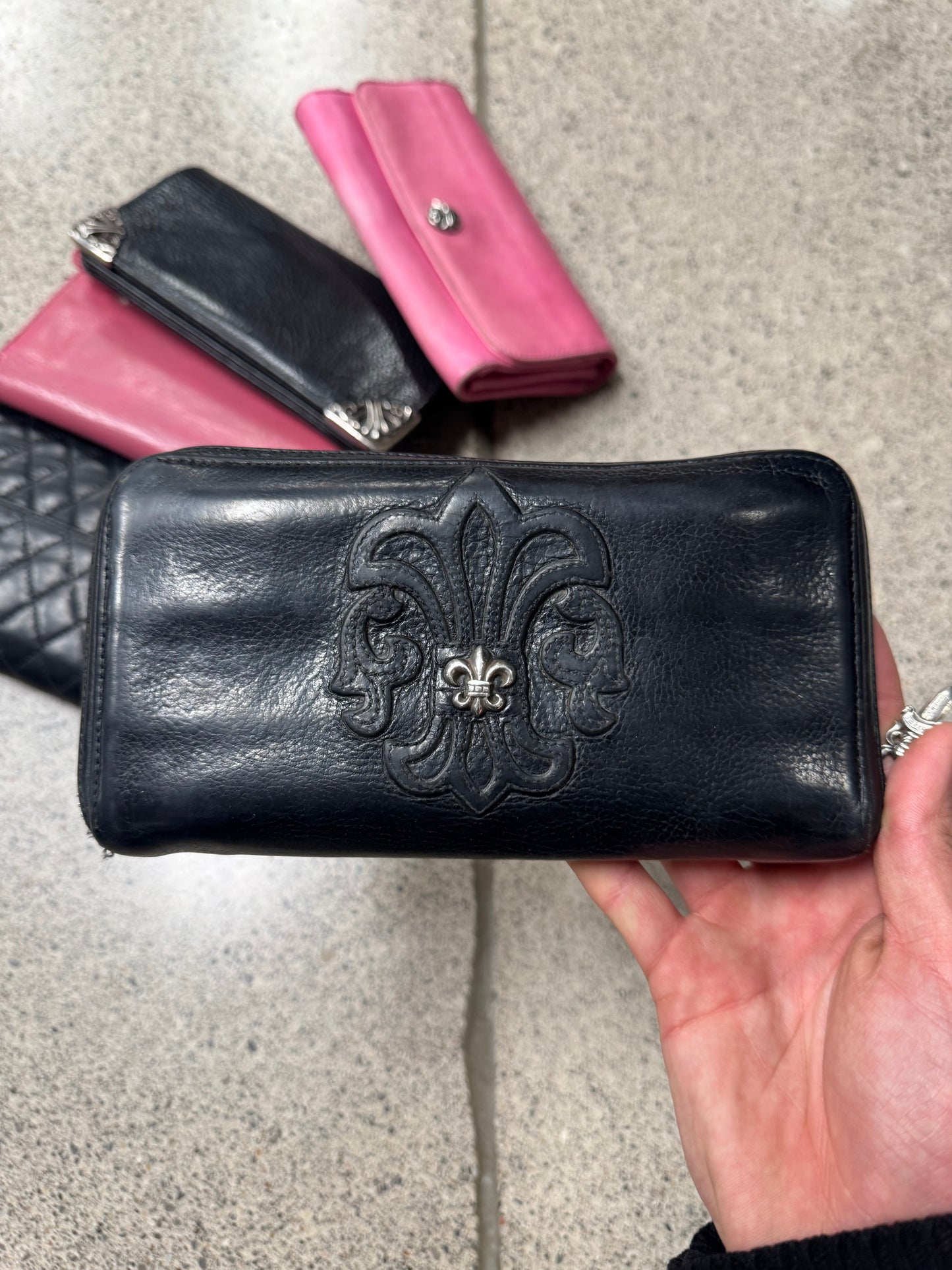 Chrome Hearts ‘Fleur Cross’ Black Calfskin Leather Long Wallet