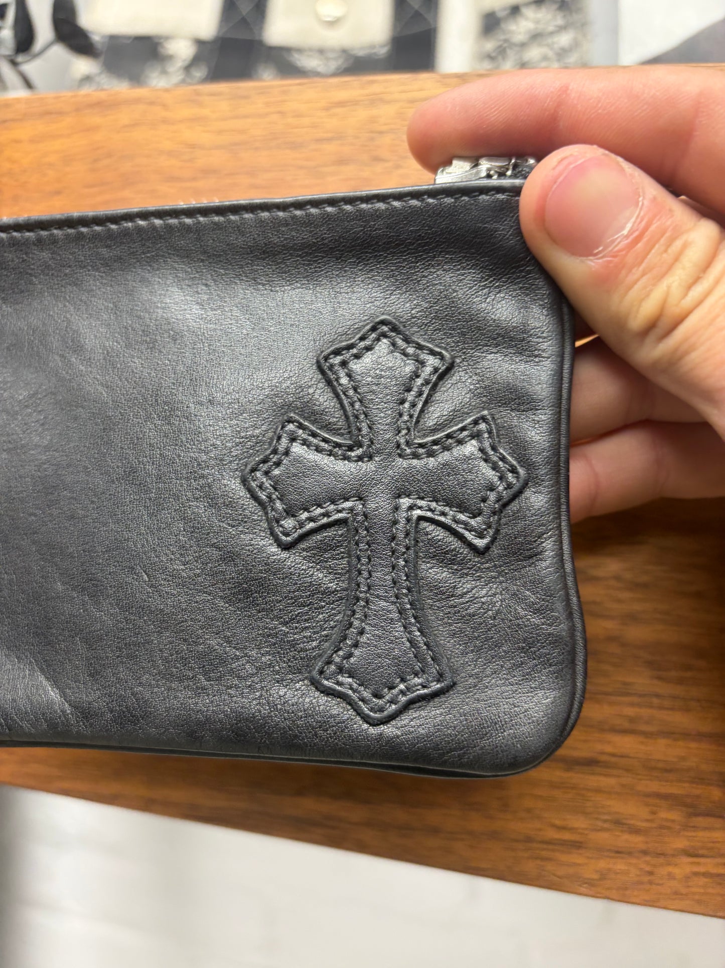 Chrome Hearts Black Leather Cross Patch Dagger Zip Wallet