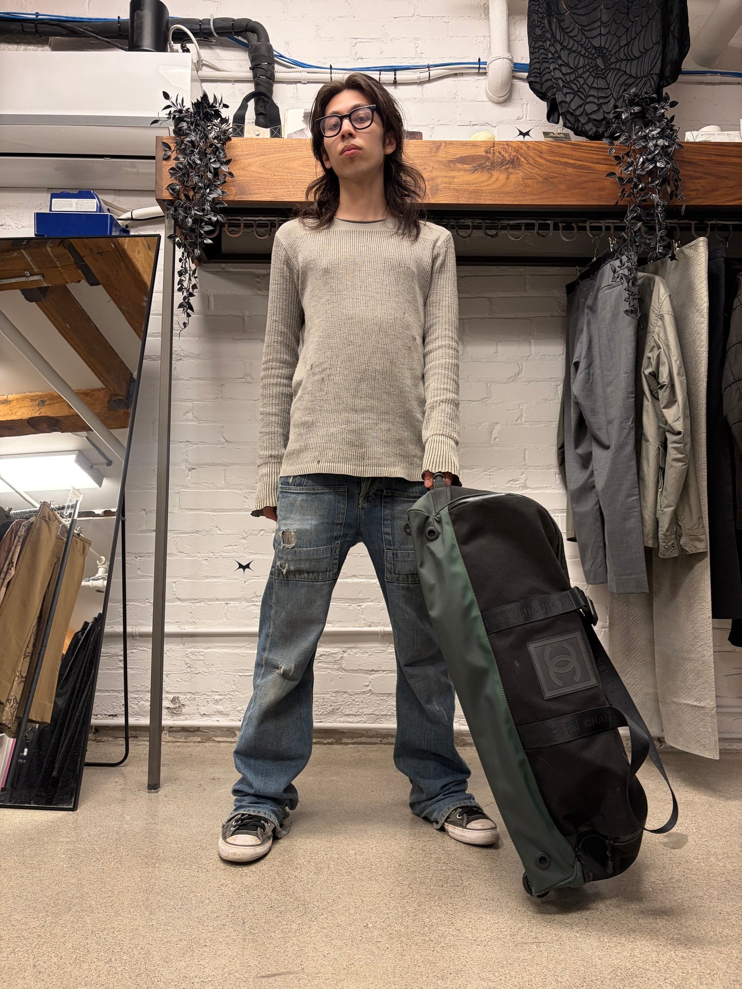 Vintage Chanel Black/Green Canvas Massive Roller Travel Bag