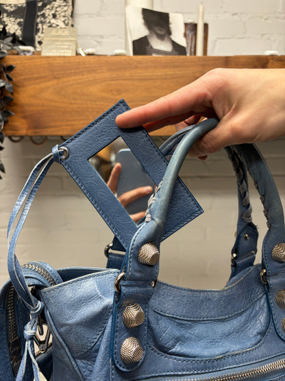 Balenciaga ‘Giant’ Blue Lambskin ‘City Bag’ with Silver Hardware