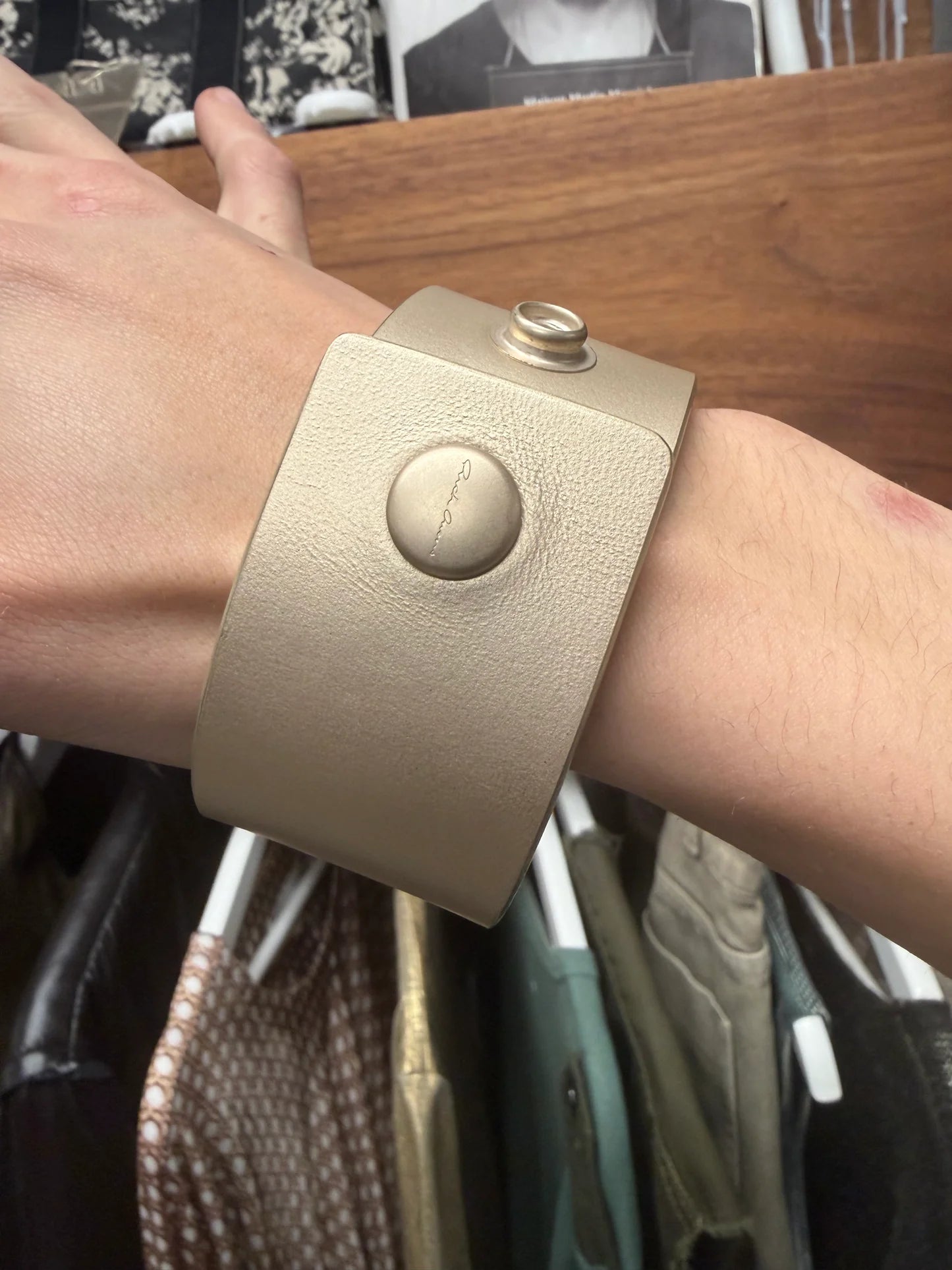 SS2025 Rick Owens ‘Hollywood’ Anthem Gold Leather Cuff Bracelet