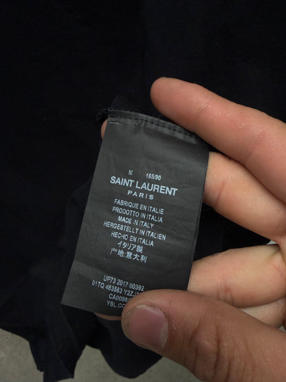 2017 Saint Laurent Blue Cursive’ Logo’ Embroidered Black/Blue T-Shirt