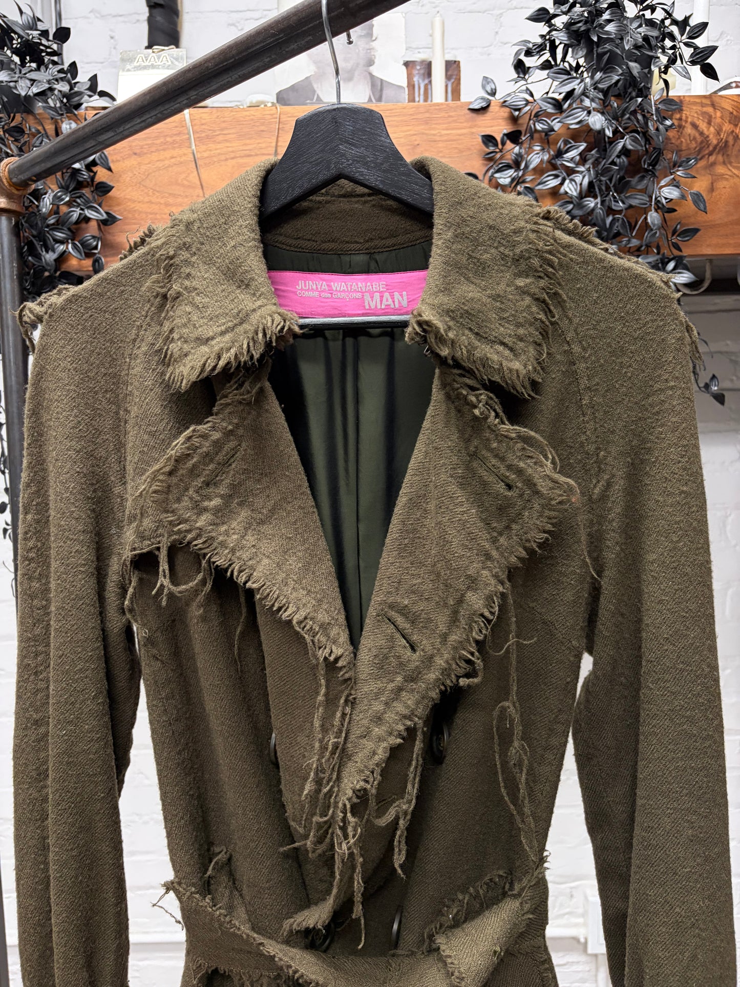 AW2003 Junya Watanabe Distressed Wool Double Breasted Trench Coat