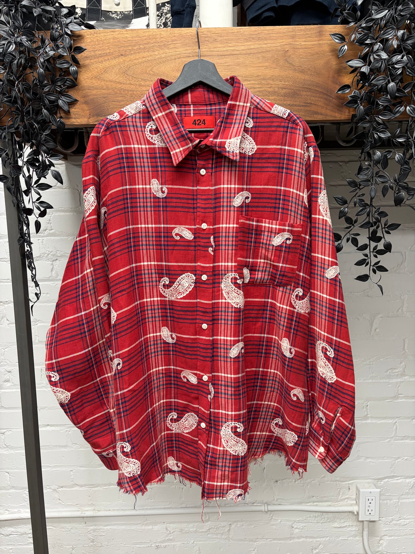 424 ‘Raw Hem’ Paisley/Plaid Red Button Up Flannel Shirt