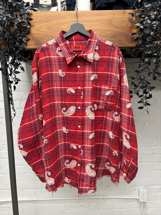 424 ‘Raw Hem’ Paisley/Plaid Red Button Up Flannel Shirt