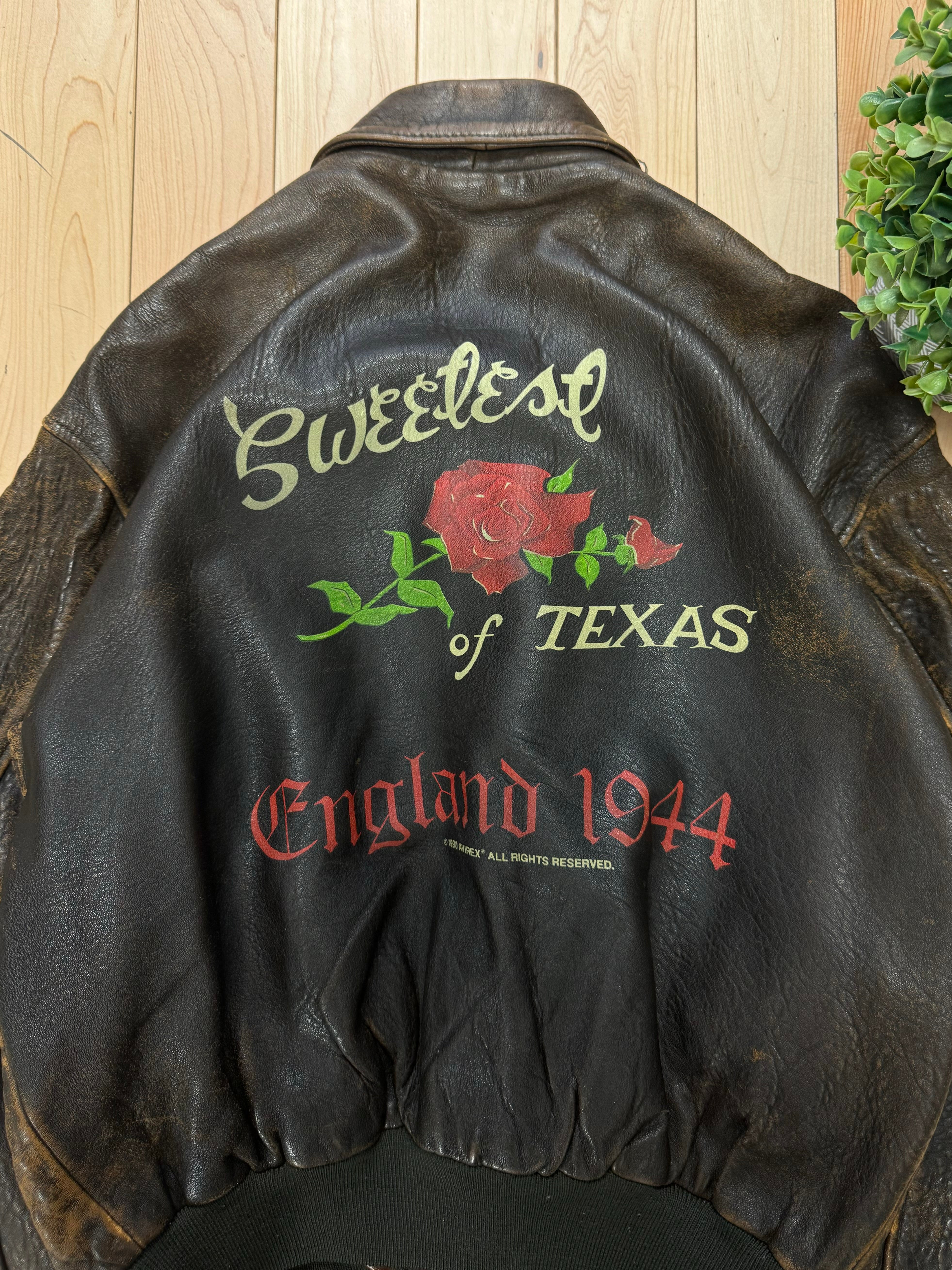 1990s Avirex 'Sweetest of Texas' Hand Painted Leather Bomber Jacket – Alex  Maxamenko