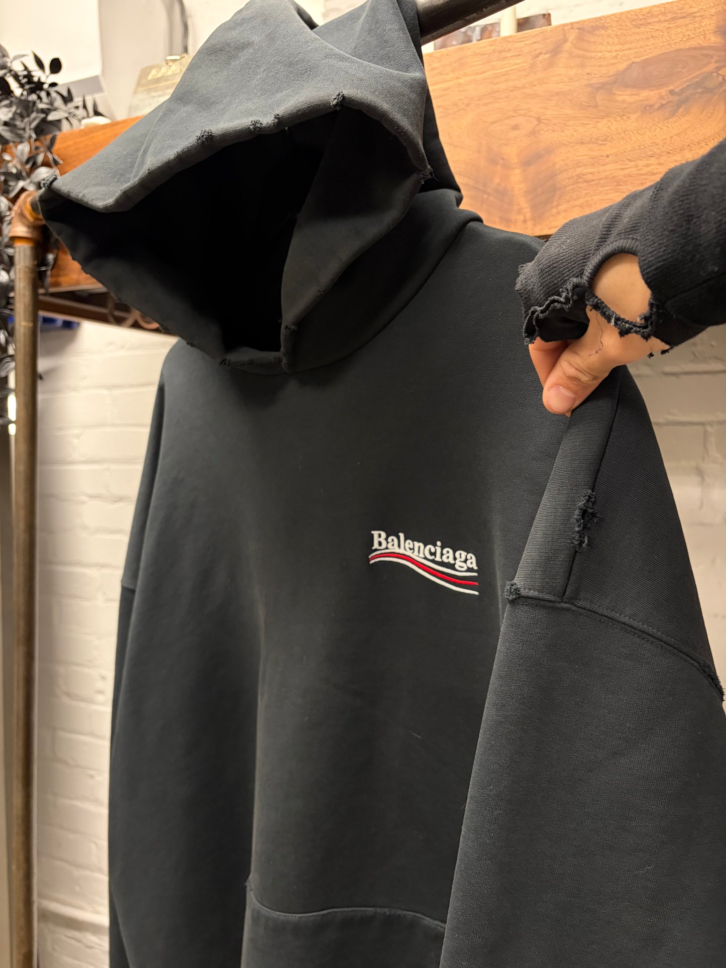 AW2022 Balenciaga Campaign Logo Distressed Black Terry Cotton Hoodie