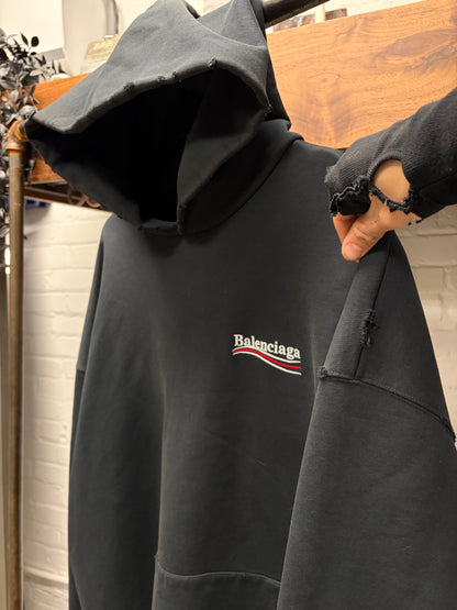 AW2022 Balenciaga Campaign Logo Distressed Black Terry Cotton Hoodie