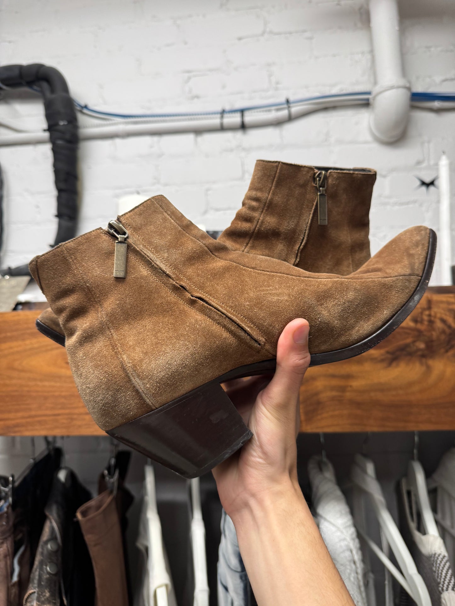 Saint Laurent ‘Lukas’ Brown Suede Cuban Heel Boots