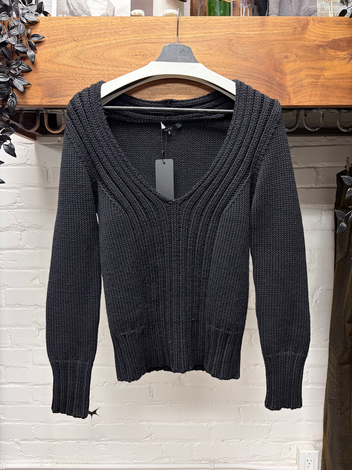 2000s Gucci ‘Plunge Neck’ Ribbed Black Wool Knit Sweater