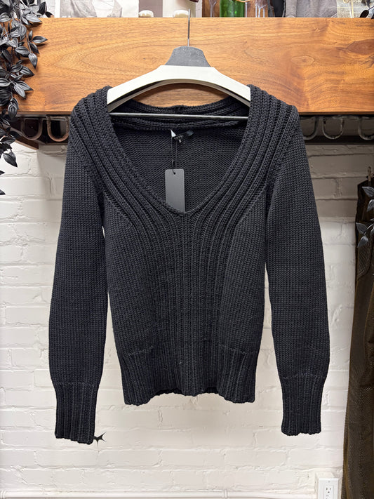 2000s Gucci ‘Plunge Neck’ Ribbed Black Wool Knit Sweater