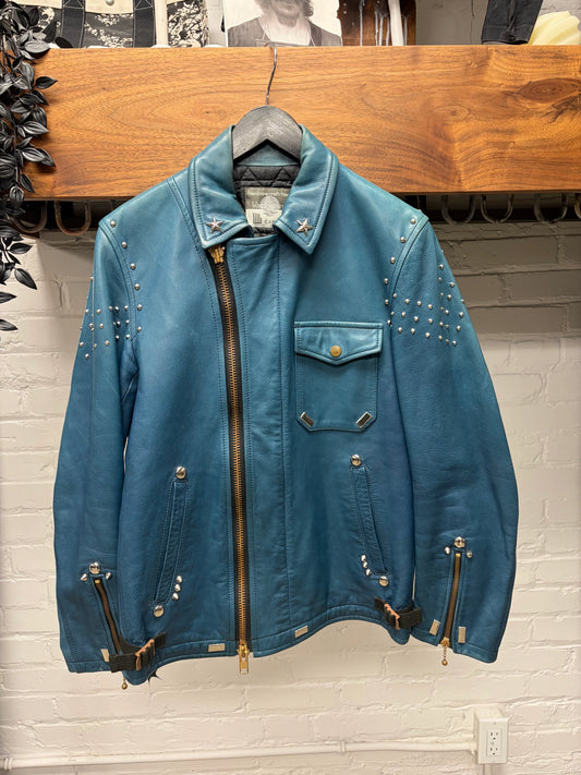 Blackmeans Studded Blue Calfskin Leather Biker Jacket