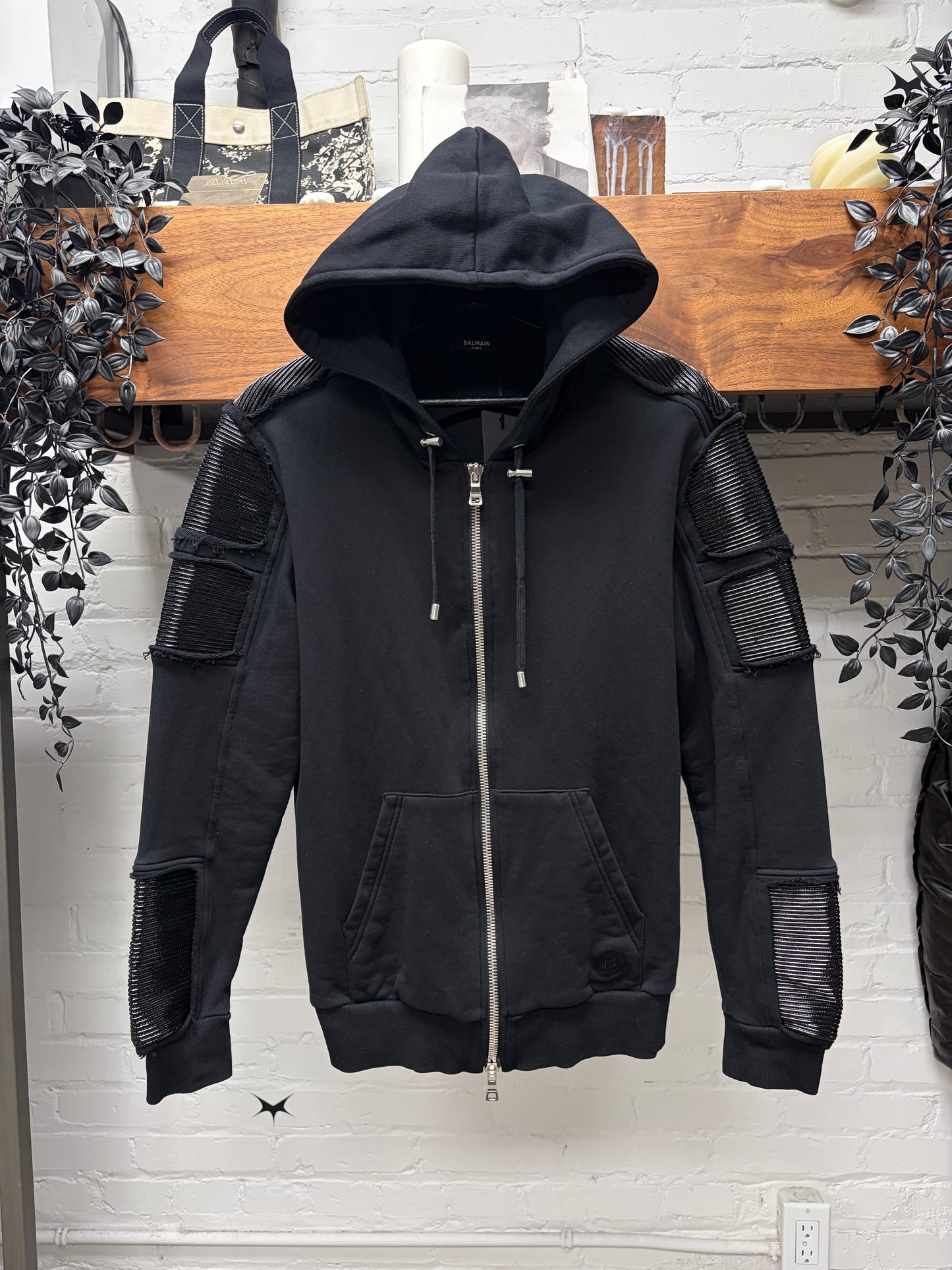 Balmain Distressed Black Zip-Up Hoodie with Pleated Wax Vinyl Repairs