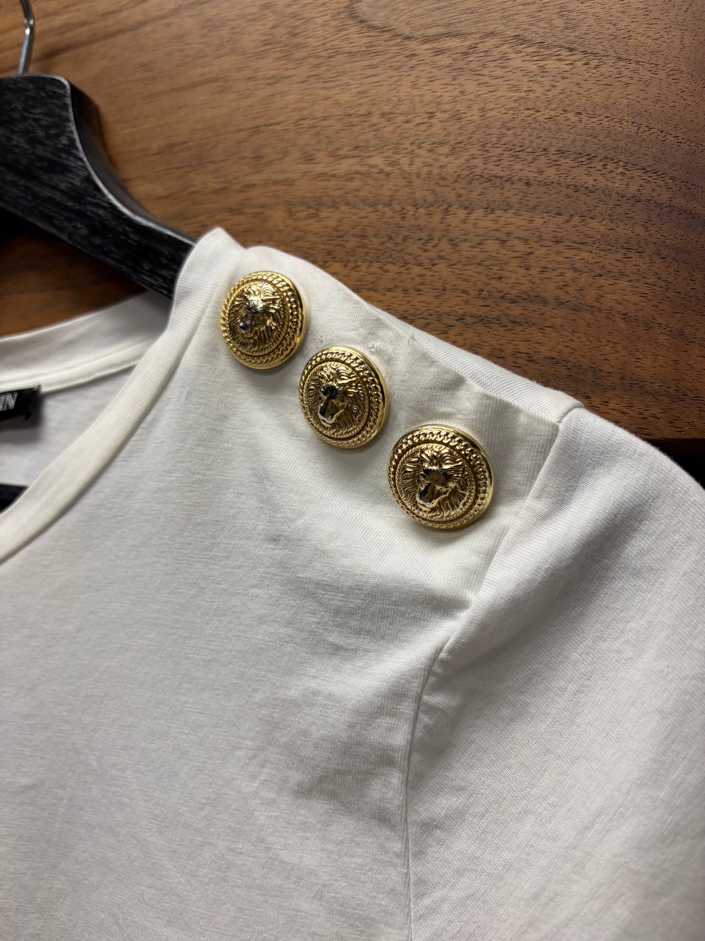 Balmain White/Gold Chest Logo Short Sleeve Shirt with Shoulder Button Detailing