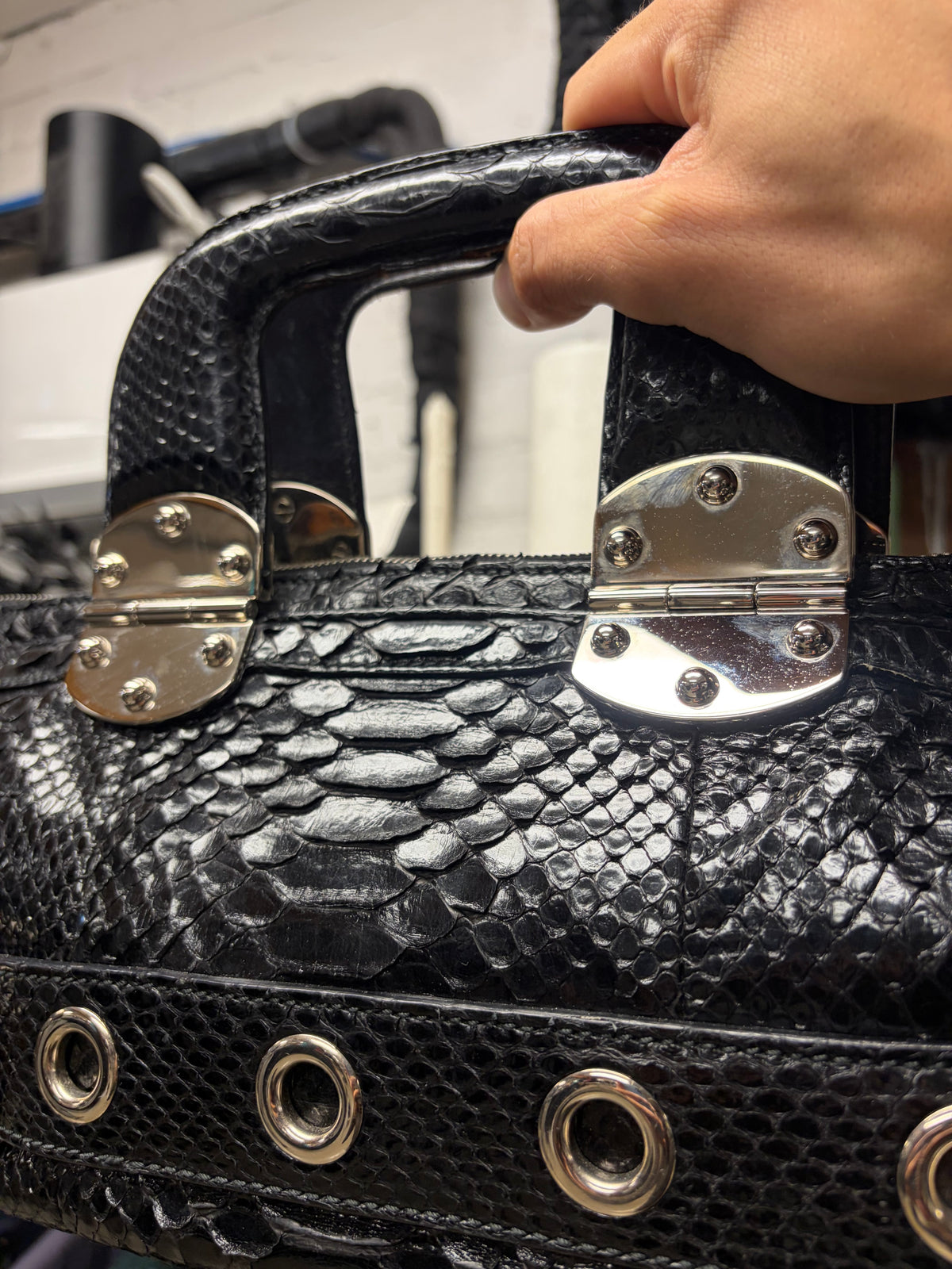 SS2007 Gucci by Frida Giannini Black Genuine Python Leather ‘Romy’ Top Handle Bag with Silver Grommet Belt