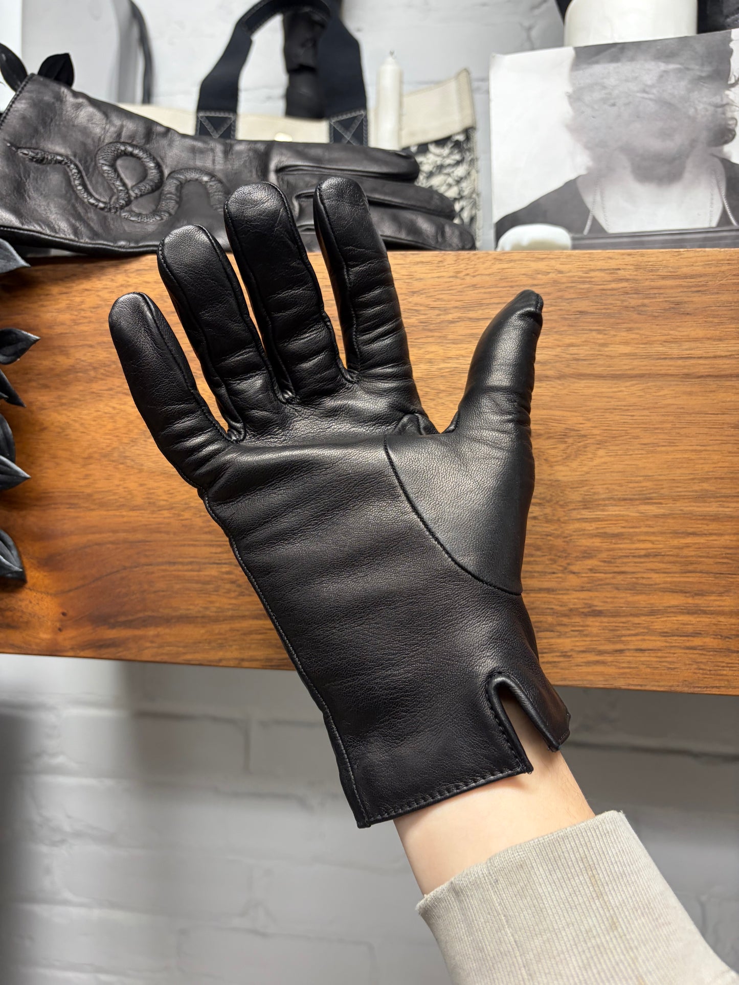 Gucci ‘Snake Embossed’ Black Lambskin Leather Gloves