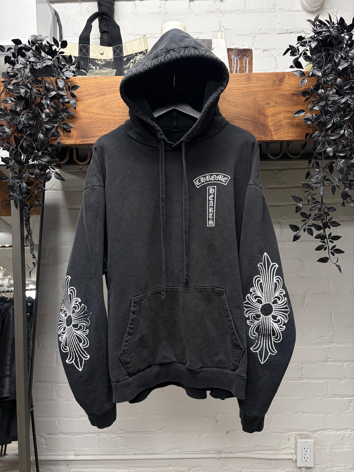 Vintage Chrome Hearts ‘T-Bar’ Floral Cross Logo Black Pullover Hoodie