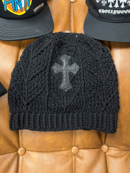Chrome Hearts Cashmere Leather Cross Patch Knit Beanie