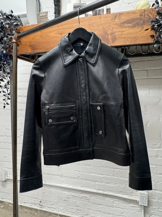 Helmut Lang Cropped Black Lambskin Leather Jacket