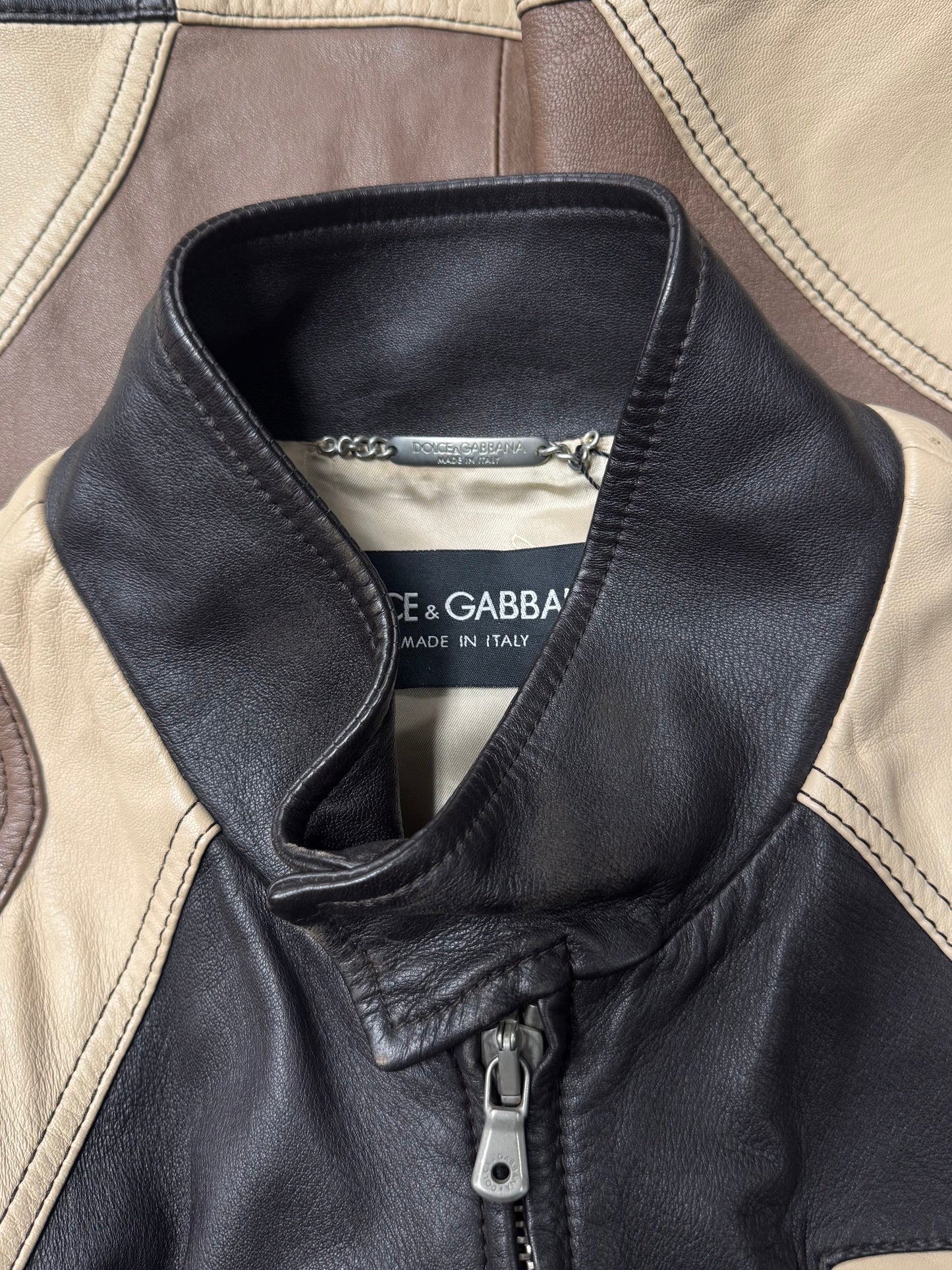 SS2004 Dolce & Gabbana Sheepskin Leather Panelled Brown Moto Jacket