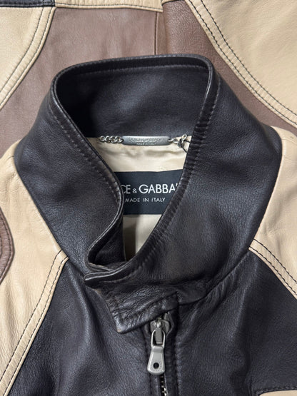 SS2004 Dolce & Gabbana Sheepskin Leather Panelled Brown Moto Jacket