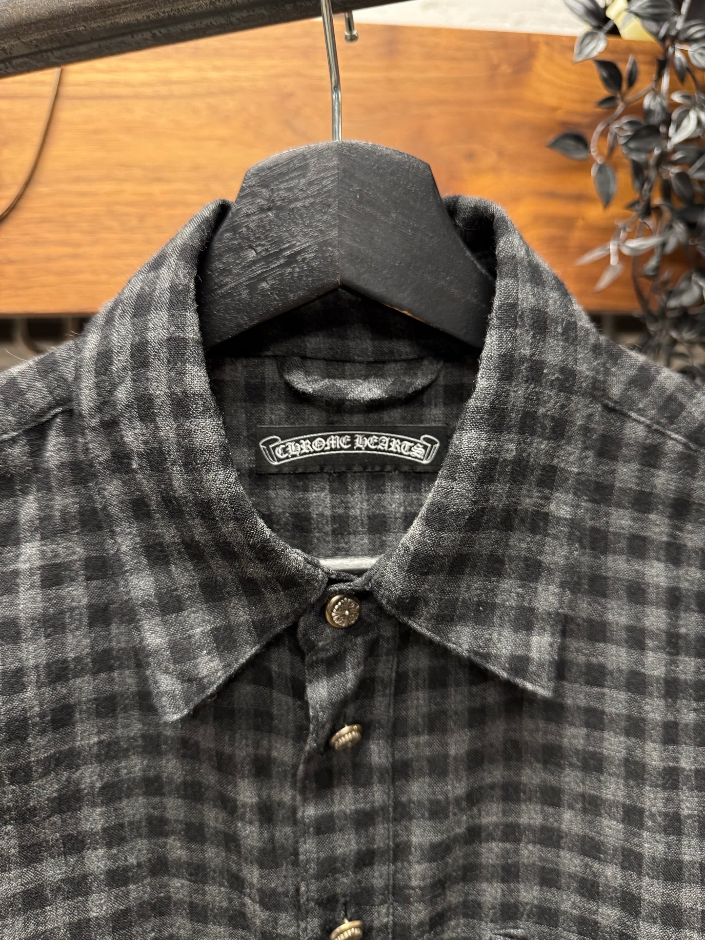 Chrome Hearts Leather Cross Patch ‘Oval Button’ Flannel Shirt